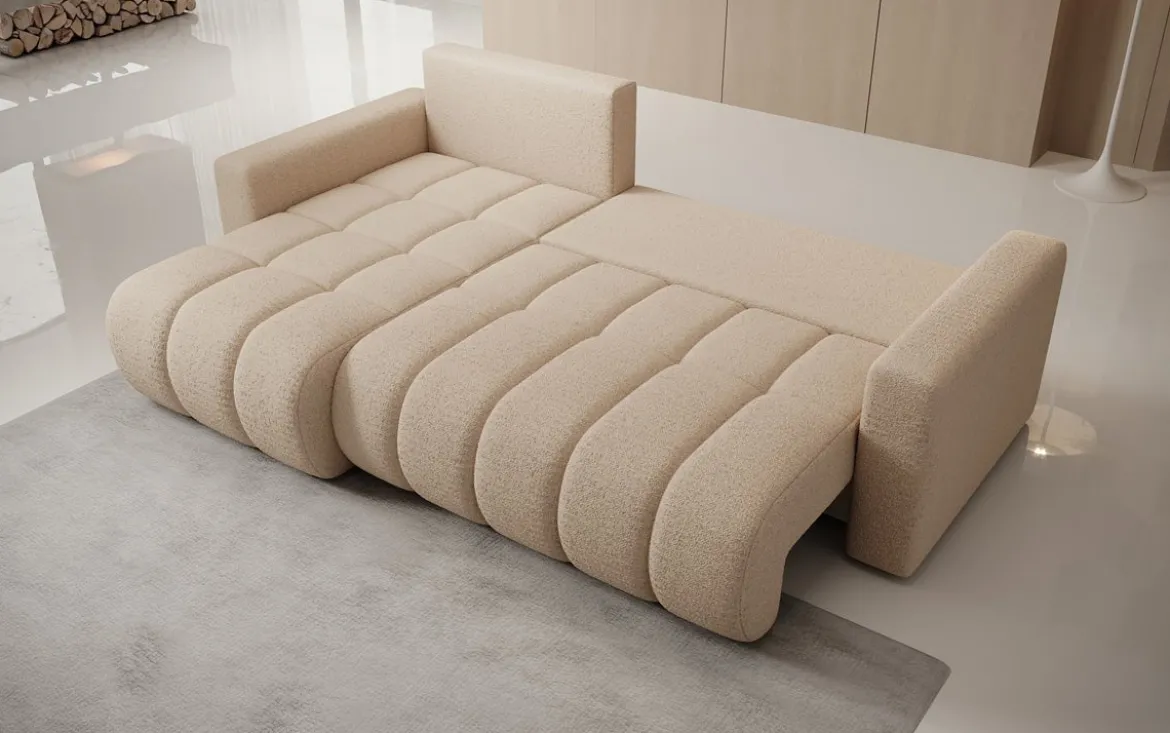 Designer Ecksofa Giulio mit Schlaf- und Klappfunktion in Bouclé