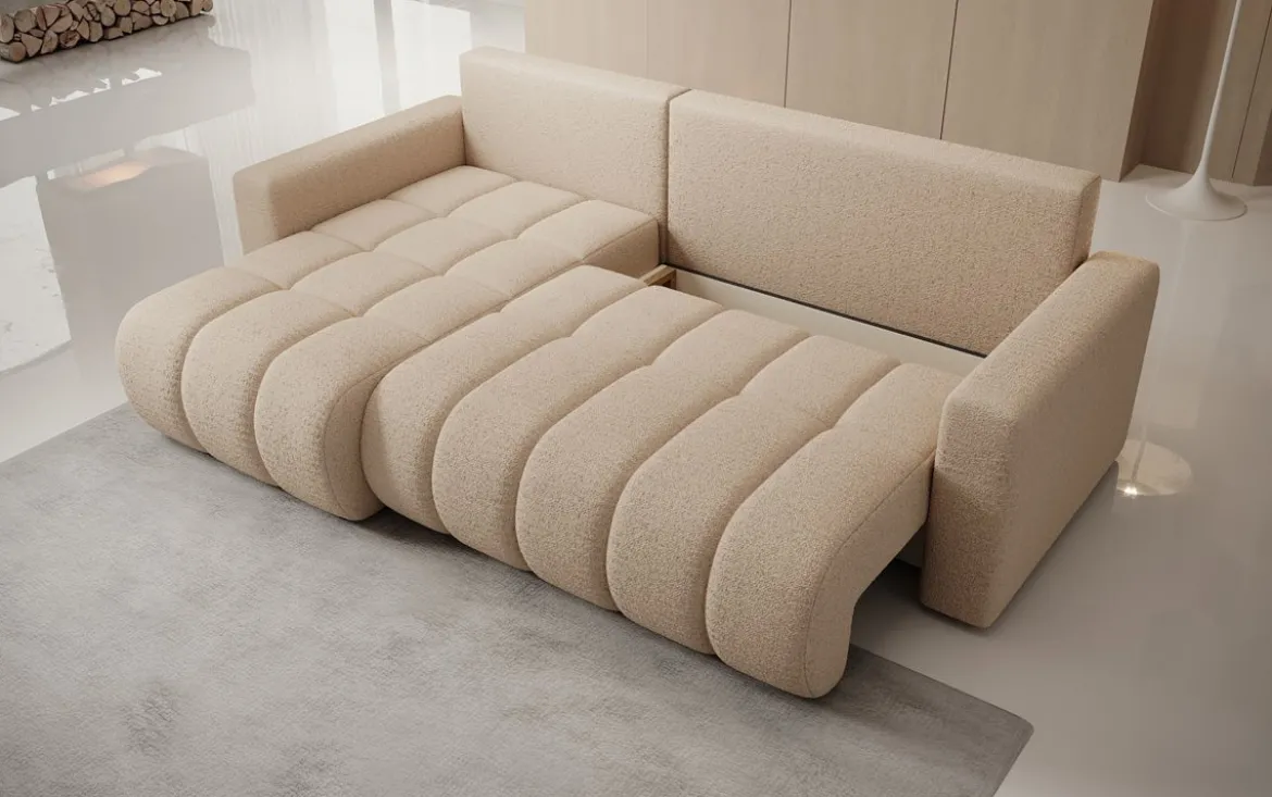 Designer Ecksofa Giulio mit Schlaf- und Klappfunktion in Bouclé