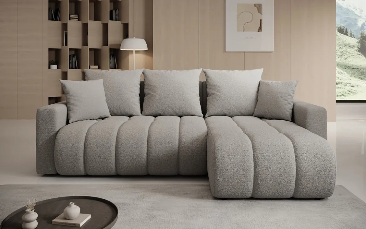 Designer Ecksofa Giulio mit Schlaf- und Klappfunktion in Bouclé