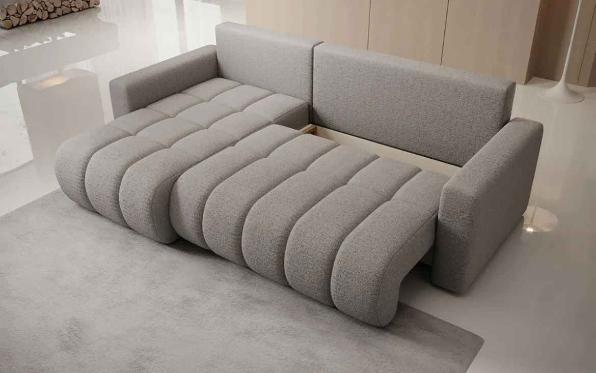 Designer Ecksofa Giulio mit Schlaf- und Klappfunktion in Bouclé