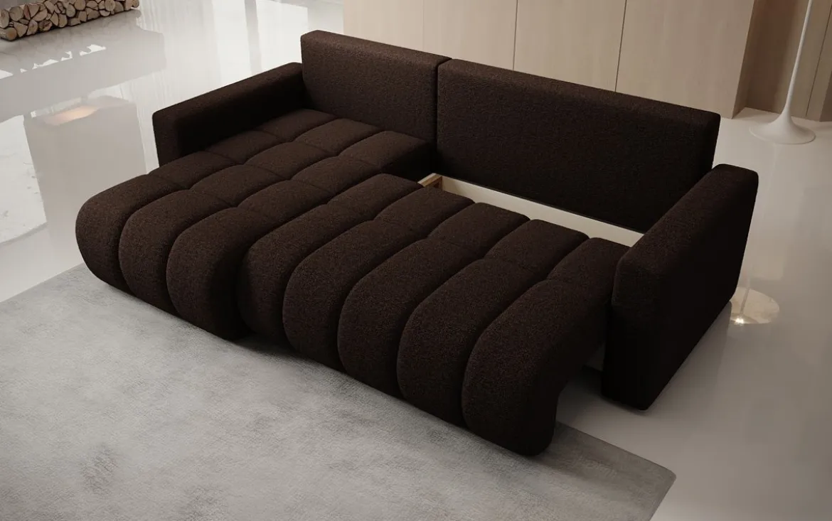 Designer Ecksofa Giulio mit Schlaf- und Klappfunktion in Bouclé