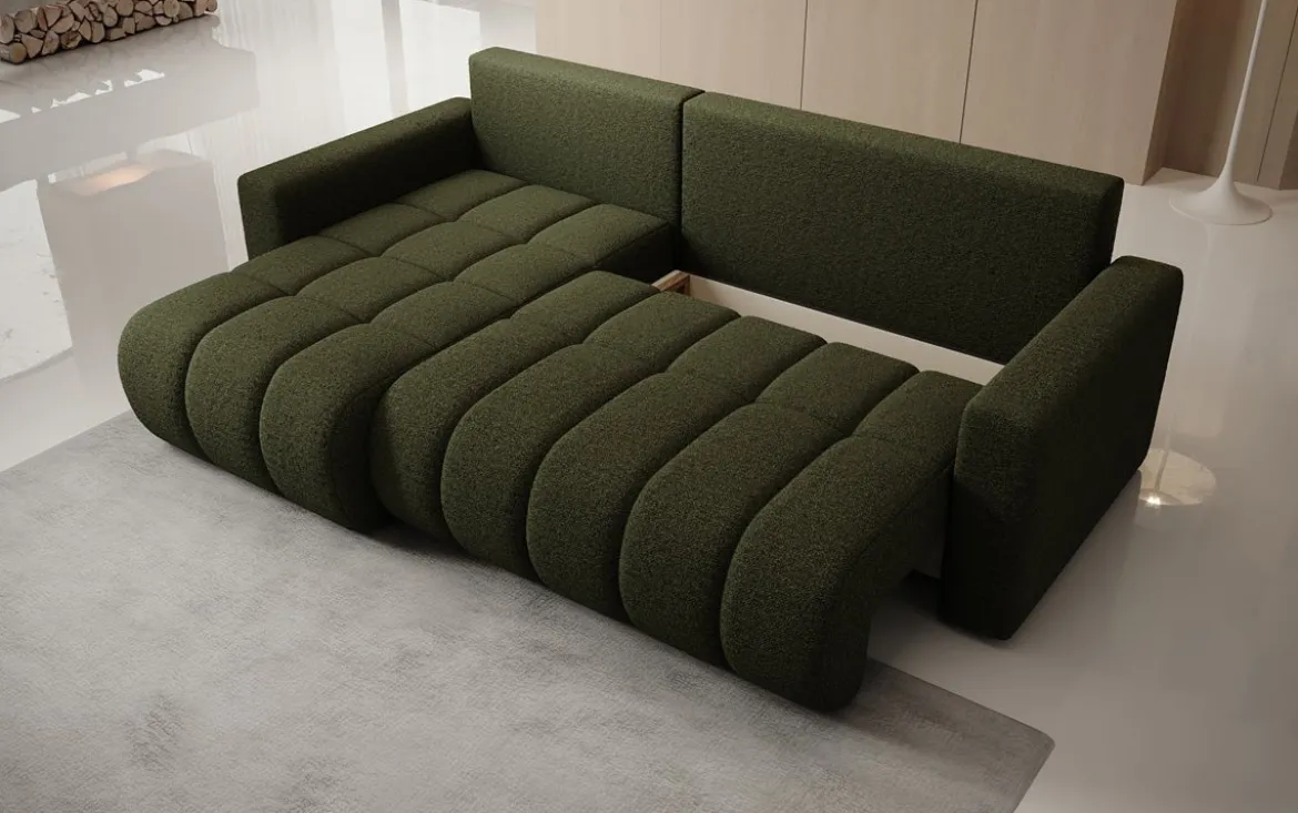 Designer Ecksofa Giulio mit Schlaf- und Klappfunktion in Bouclé