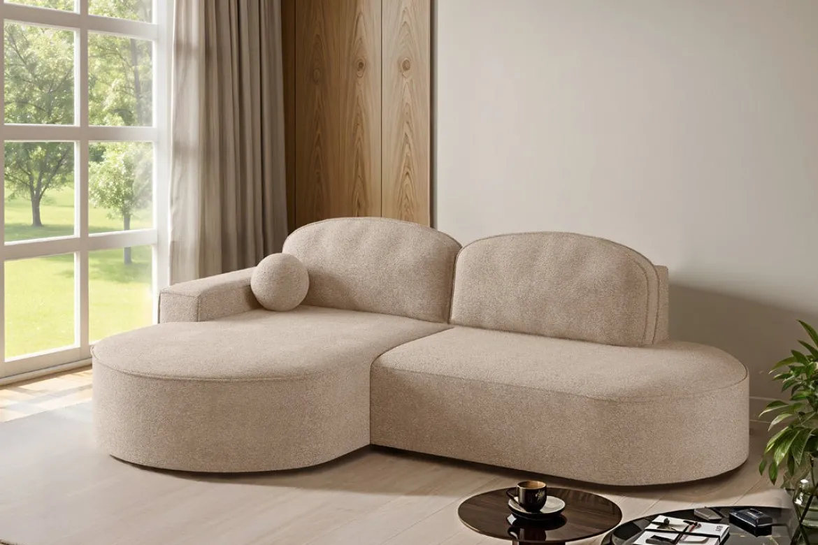 Designer Ecksofa Lenny Bouclé mit Schlaf- und Klappfunktion