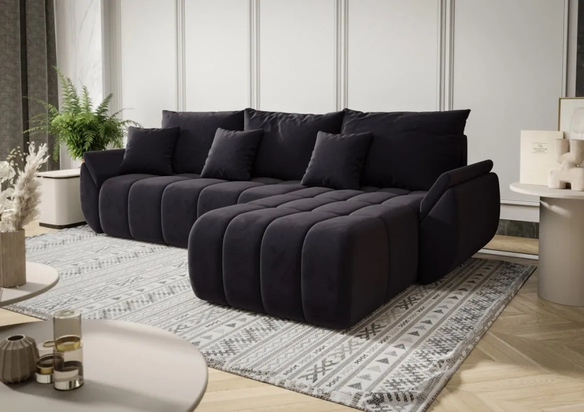 Designer Ecksofa Lenoa mit Schlaf- und Klappfunktion in Samt