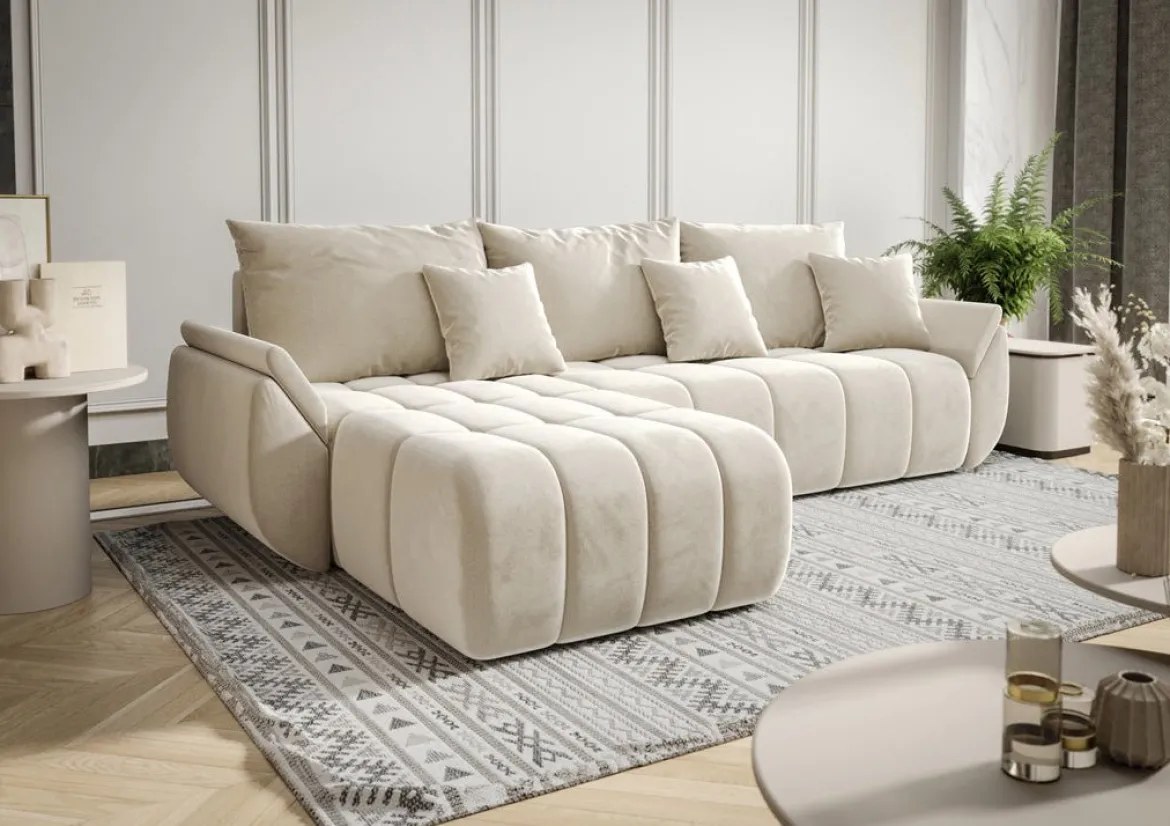 Designer Ecksofa Lenoa mit Schlaf- und Klappfunktion in Samt