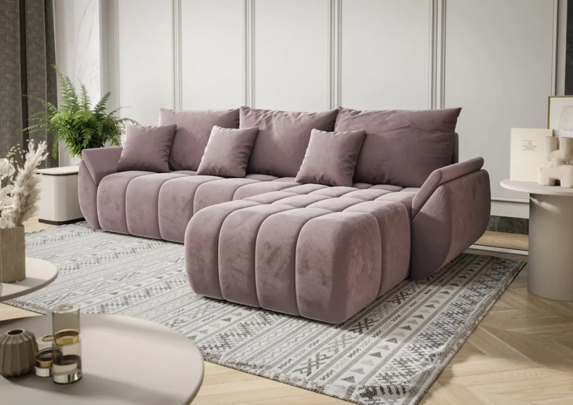 Designer Ecksofa Lenoa mit Schlaf- und Klappfunktion in Samt