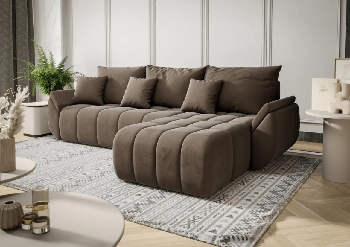Designer Ecksofa Lenoa mit Schlaf- und Klappfunktion in Samt