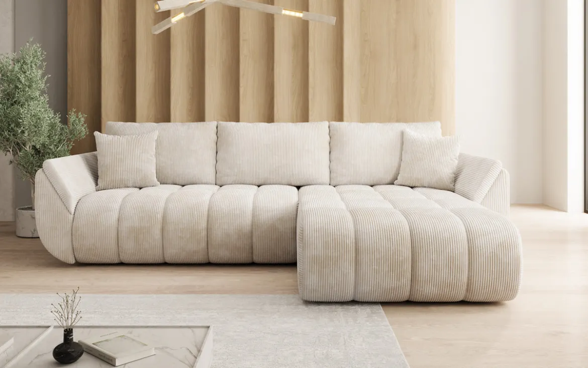 Designer Ecksofa Lenoa mit Schlaffunktion und Stauraum in Cord