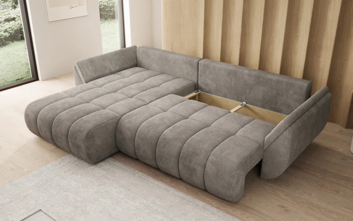 Designer Ecksofa Lenoa mit Schlaffunktion und Stauraum in Cord