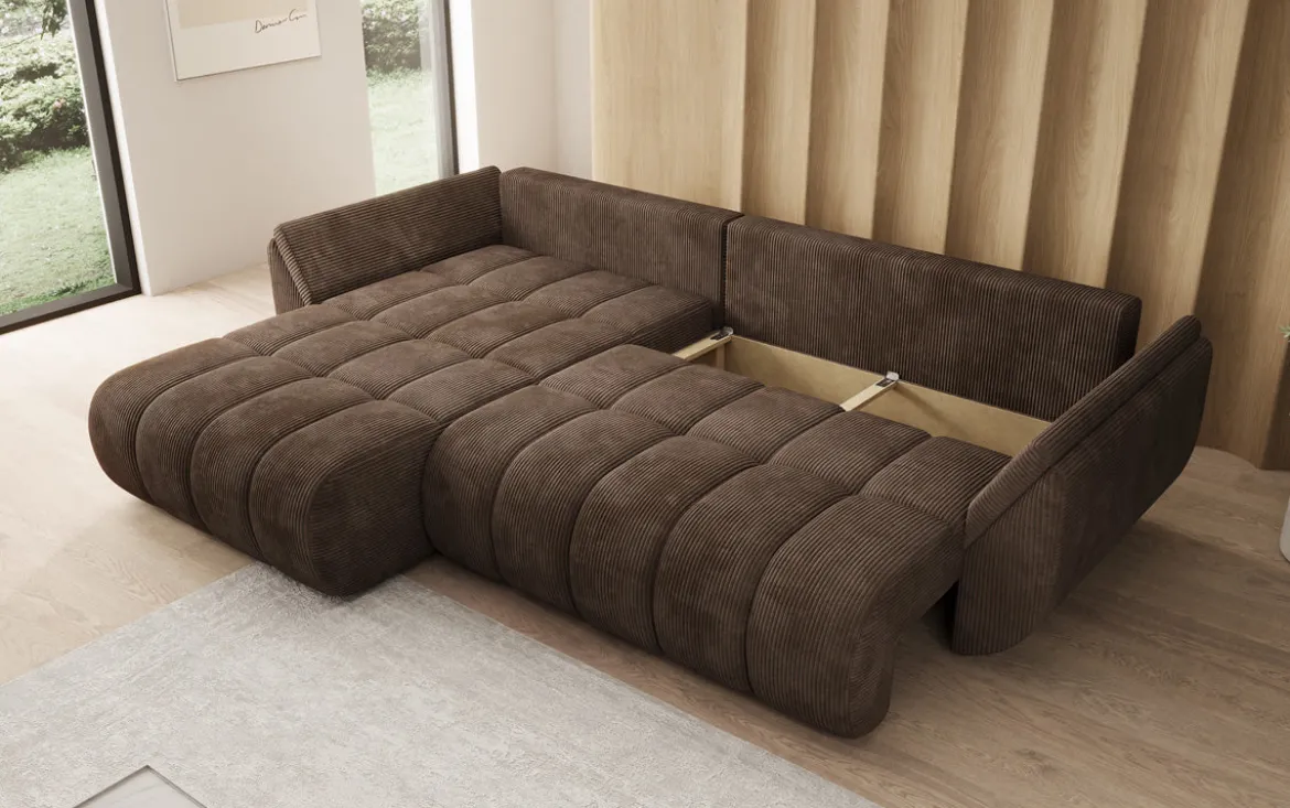 Designer Ecksofa Lenoa mit Schlaffunktion und Stauraum in Cord
