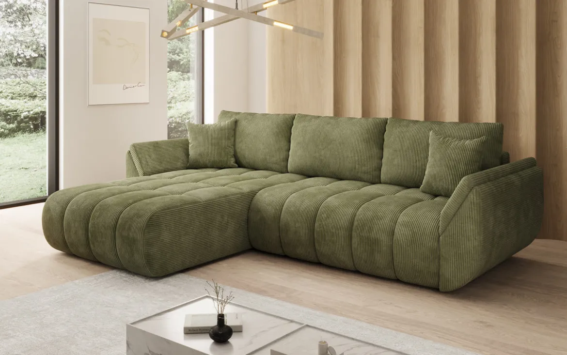 Designer Ecksofa Lenoa mit Schlaffunktion und Stauraum in Cord