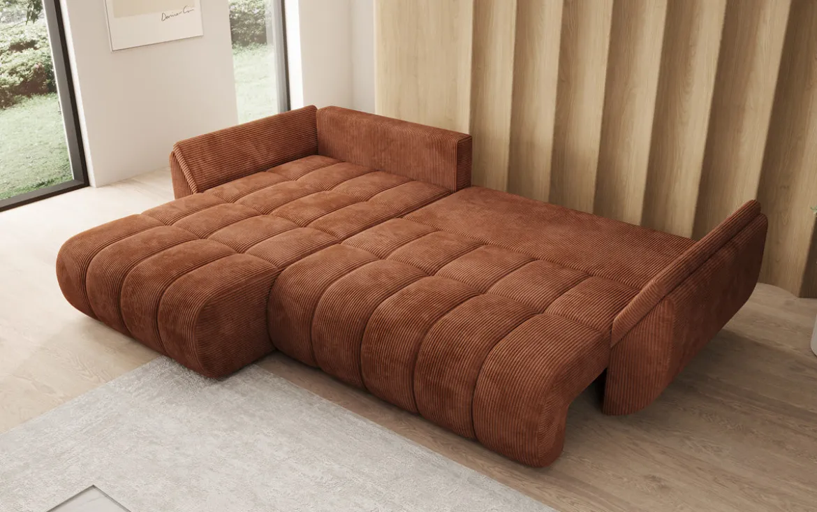 Designer Ecksofa Lenoa mit Schlaffunktion und Stauraum in Cord