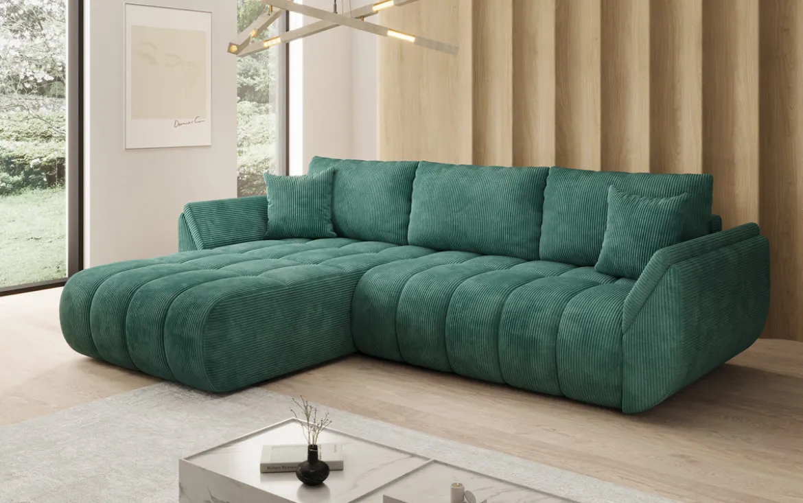 Designer Ecksofa Lenoa mit Schlaffunktion und Stauraum in Cord
