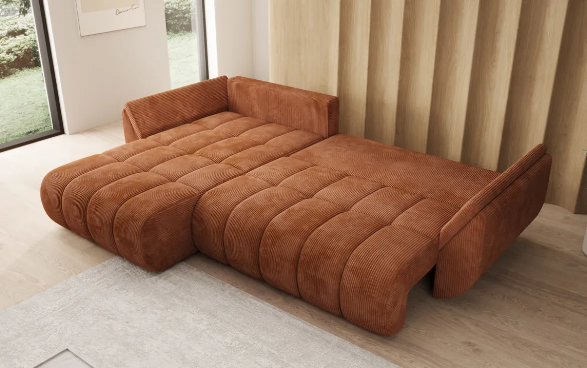 Designer Ecksofa Lenoa mit Schlaffunktion und Stauraum in Cord