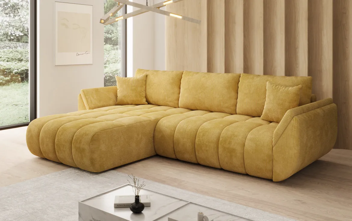 Designer Ecksofa Lenoa mit Schlaffunktion und Stauraum in Cord