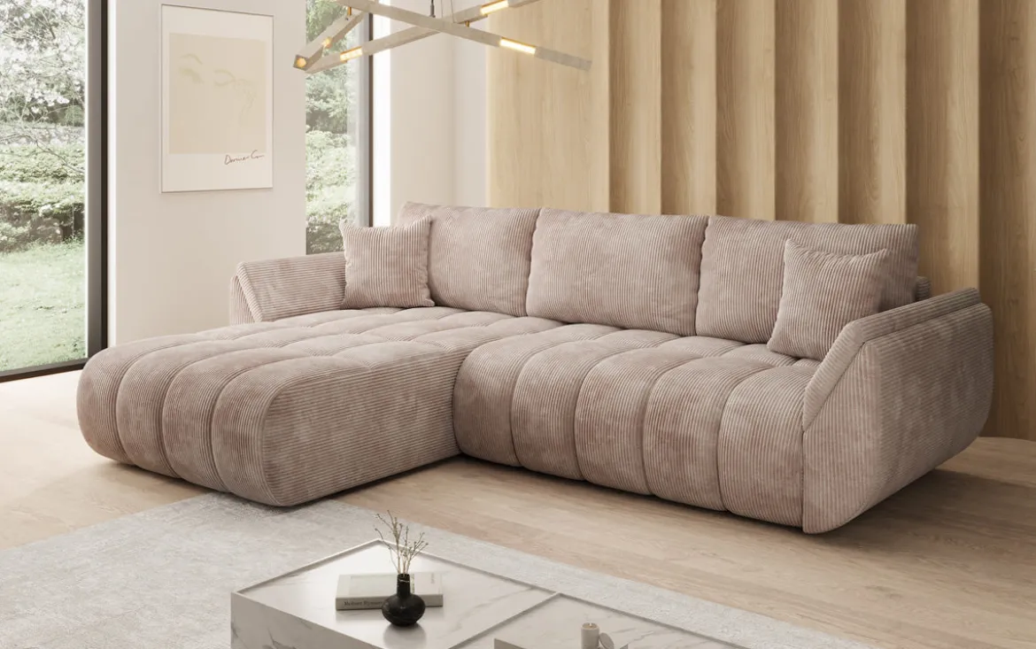 Designer Ecksofa Lenoa mit Schlaffunktion und Stauraum in Cord