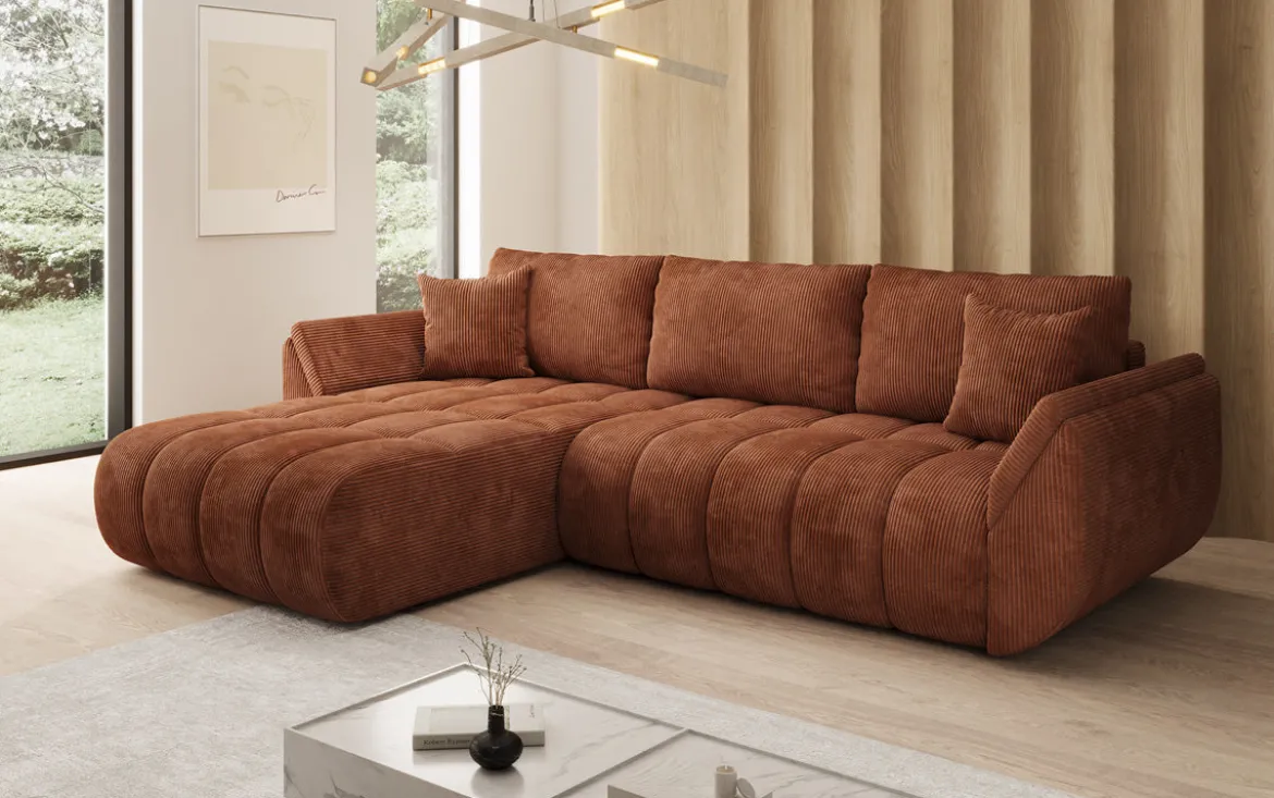 Designer Ecksofa Lenoa mit Schlaffunktion und Stauraum in Cord