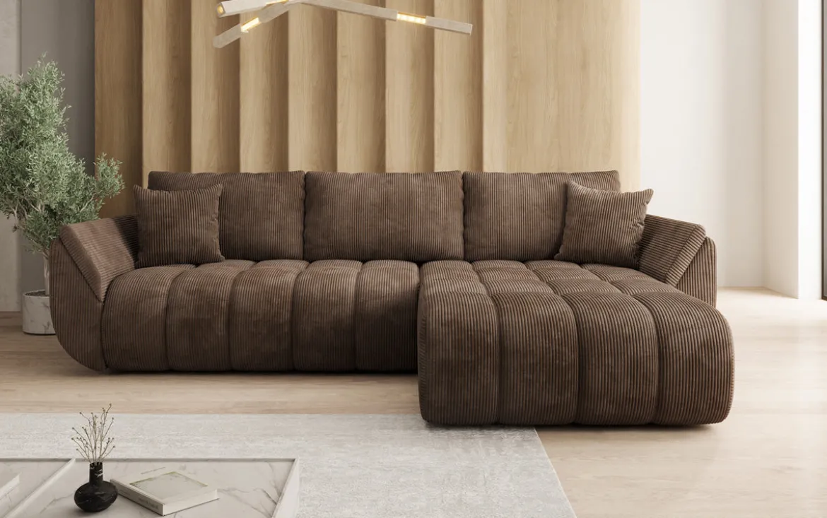 Designer Ecksofa Lenoa mit Schlaffunktion und Stauraum in Cord