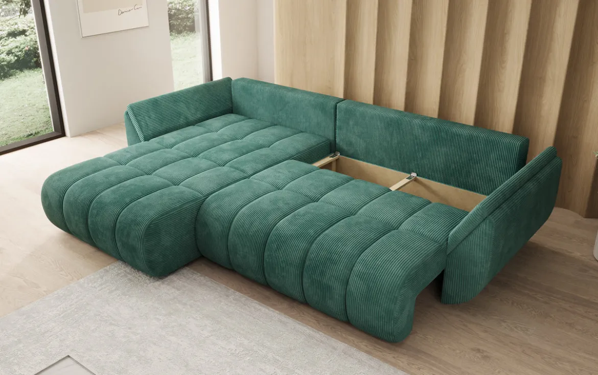 Designer Ecksofa Lenoa mit Schlaffunktion und Stauraum in Cord