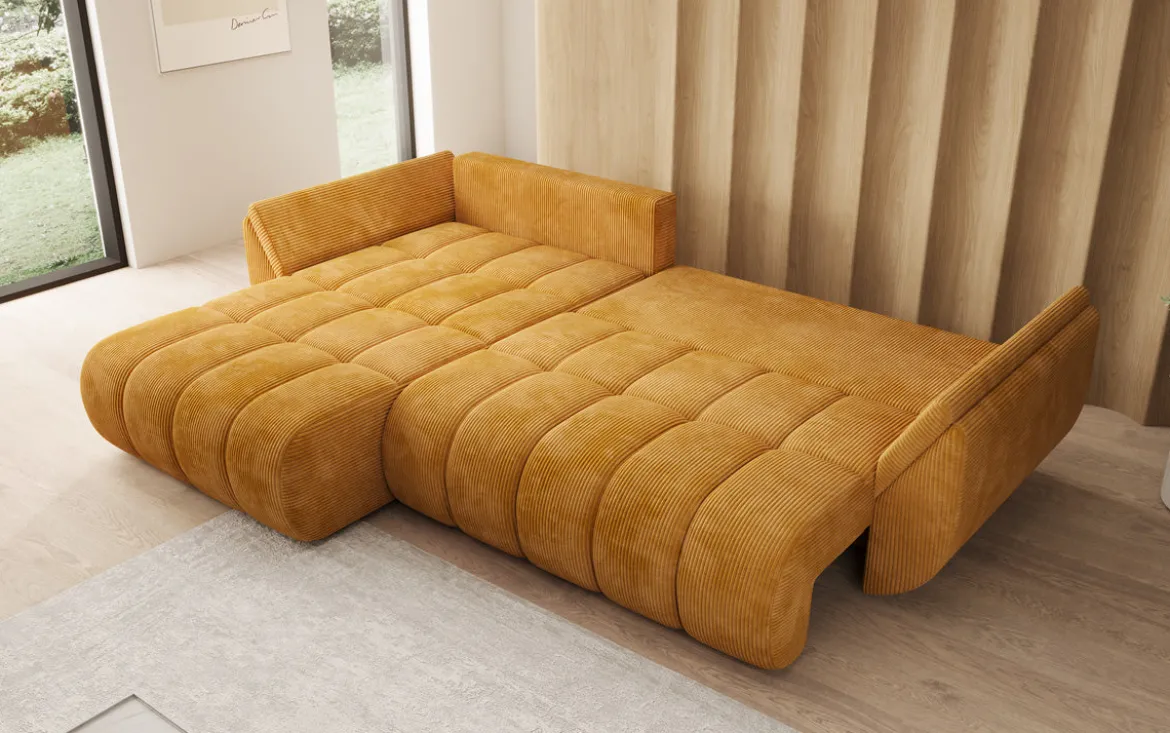 Designer Ecksofa Lenoa mit Schlaffunktion und Stauraum in Cord