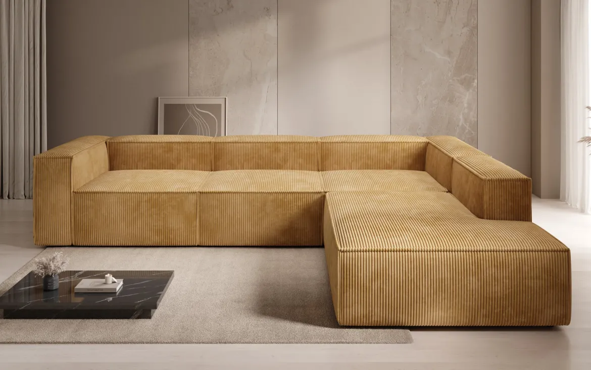 Designer Ecksofa Lesley mit langer Ottomane in Cord