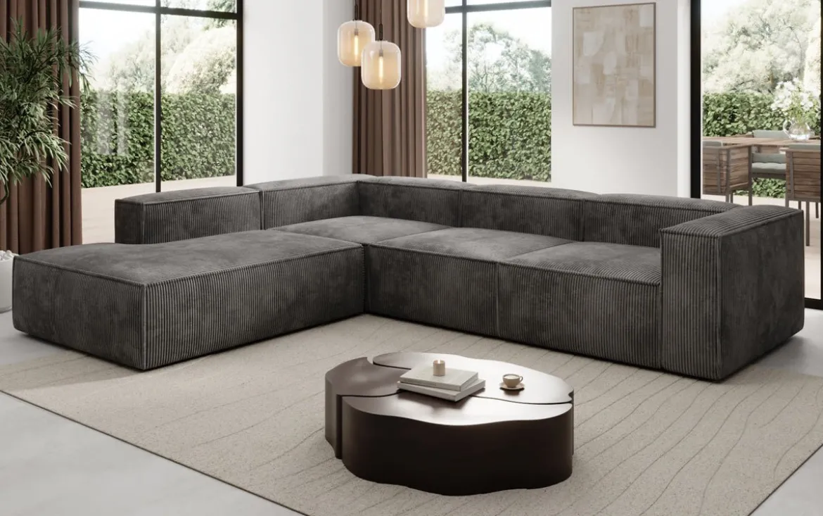 Designer Ecksofa Lesley mit langer Ottomane in Cord