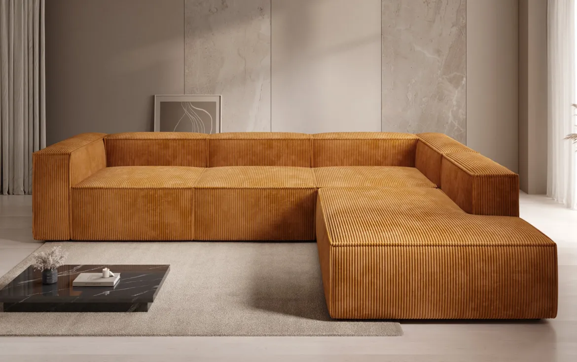Designer Ecksofa Lesley mit langer Ottomane in Cord