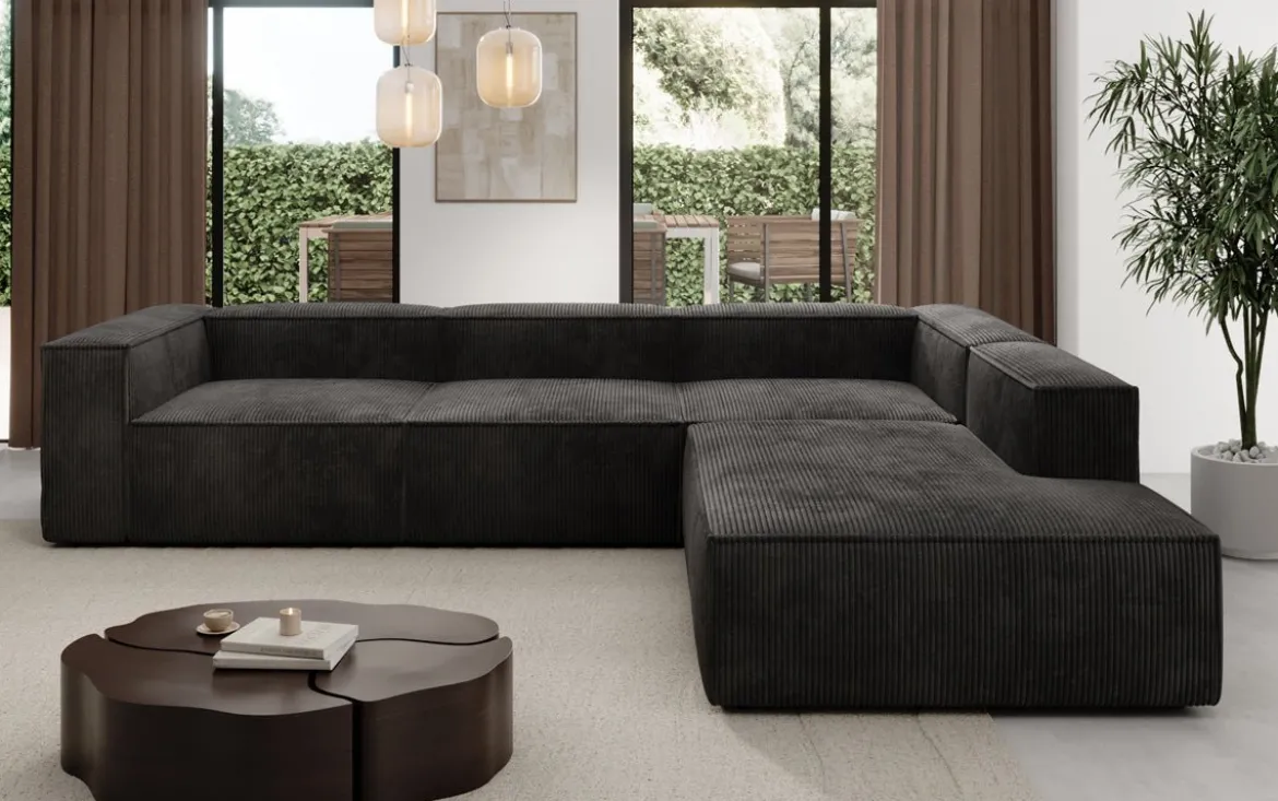 Designer Ecksofa Lesley mit langer Ottomane in Cord