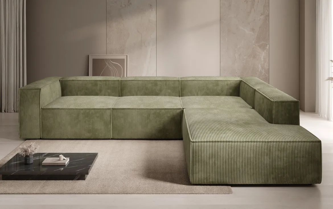 Designer Ecksofa Lesley mit langer Ottomane in Cord
