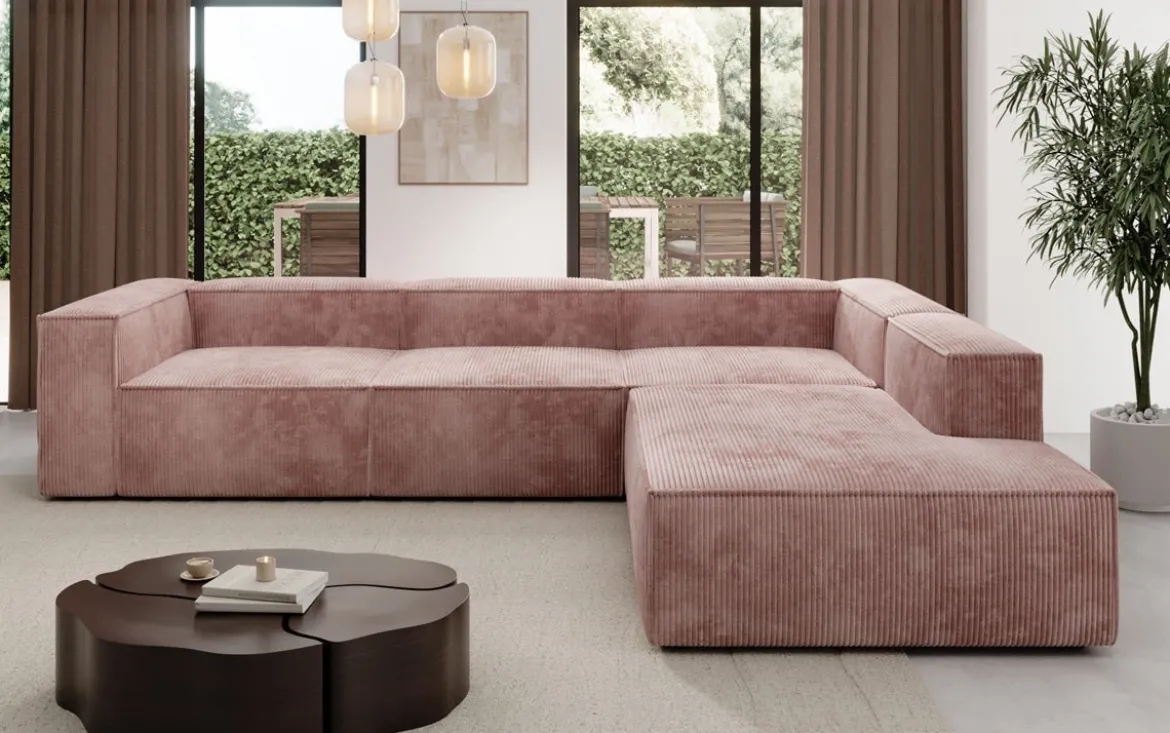 Designer Ecksofa Lesley mit langer Ottomane in Cord