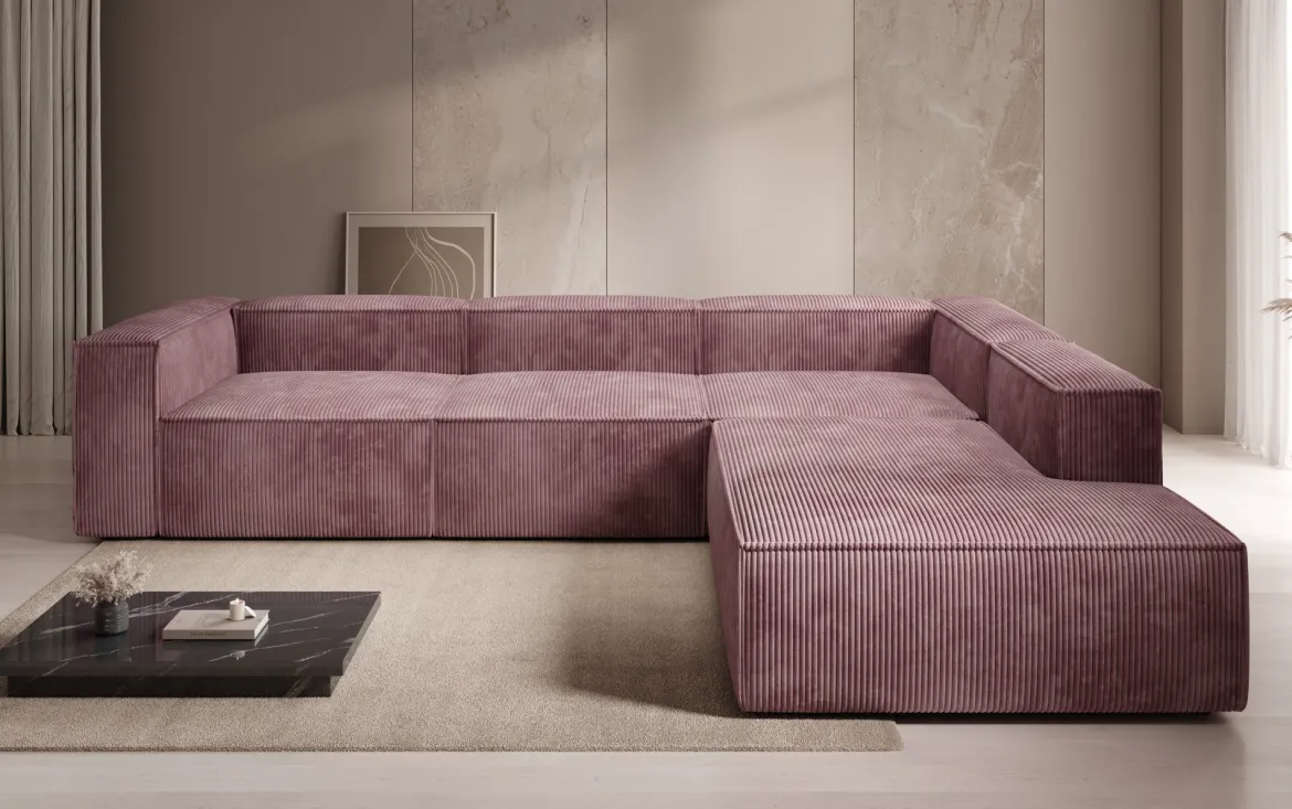 Designer Ecksofa Lesley mit langer Ottomane in Cord