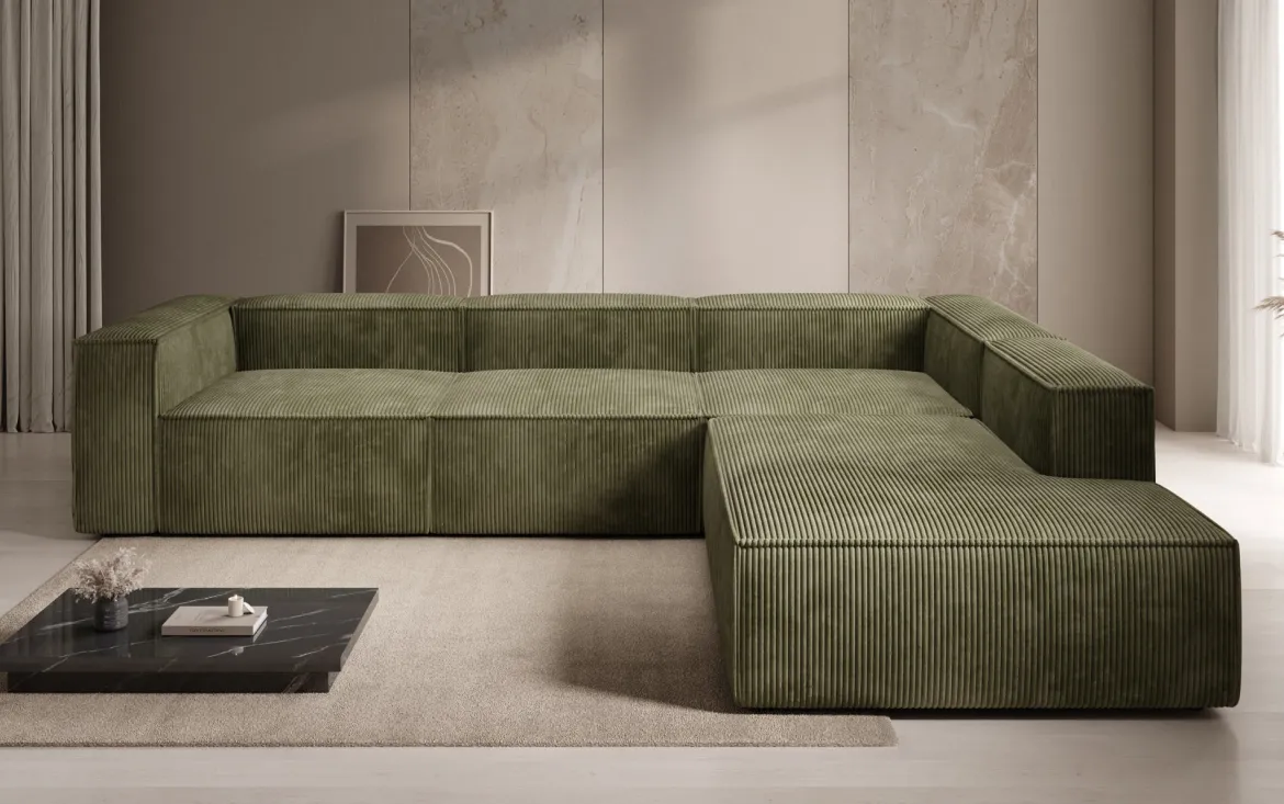 Designer Ecksofa Lesley mit langer Ottomane in Cord