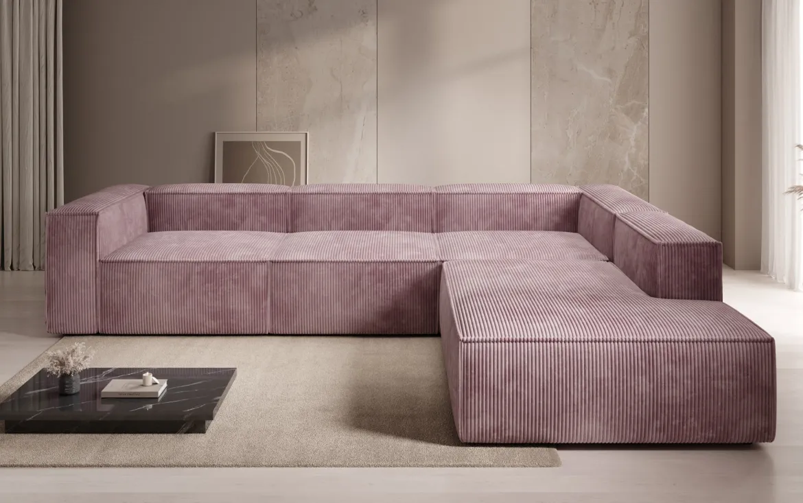 Designer Ecksofa Lesley mit langer Ottomane in Cord