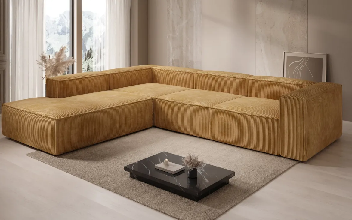 Designer Ecksofa Lesley mit langer Ottomane in Cord