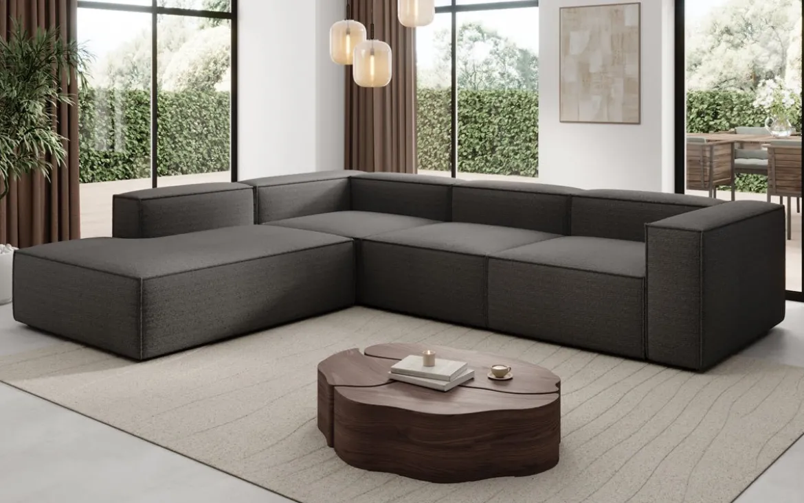 Designer Ecksofa Lesley mit langer Ottomane in Bouclé