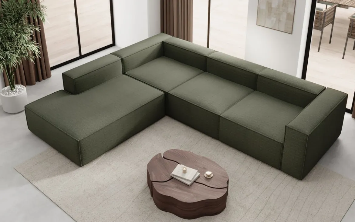 Designer Ecksofa Lesley mit langer Ottomane in Bouclé