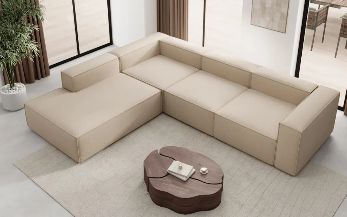 Designer Ecksofa Lesley mit langer Ottomane in Bouclé