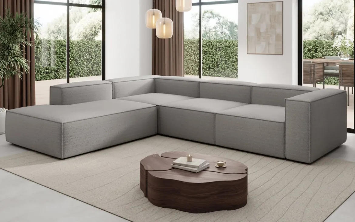 Designer Ecksofa Lesley mit langer Ottomane in Bouclé