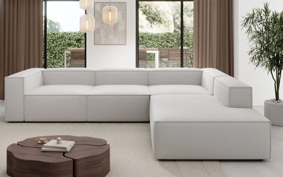 Designer Ecksofa Lesley mit langer Ottomane in Bouclé