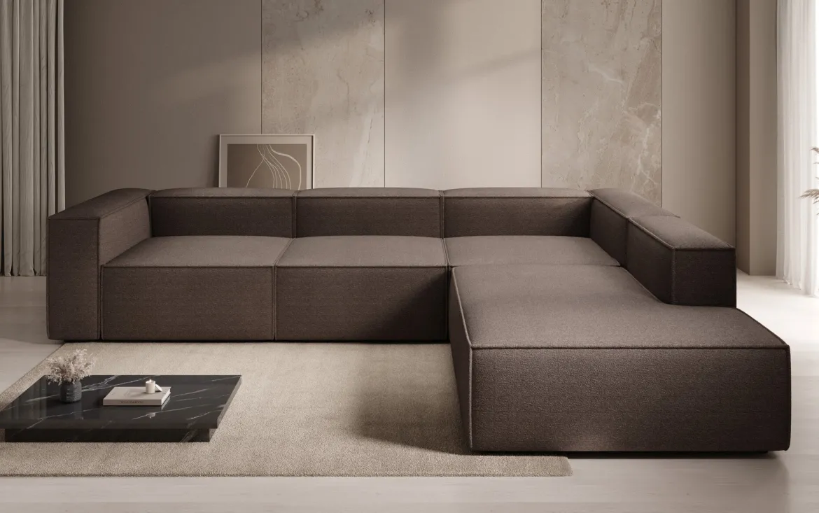 Designer Ecksofa Lesley mit langer Ottomane in Bouclé