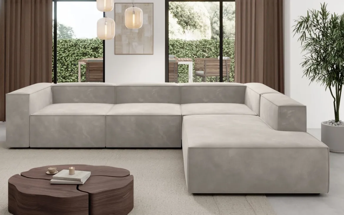 Designer Ecksofa Lesley mit langer Ottomane in Samt