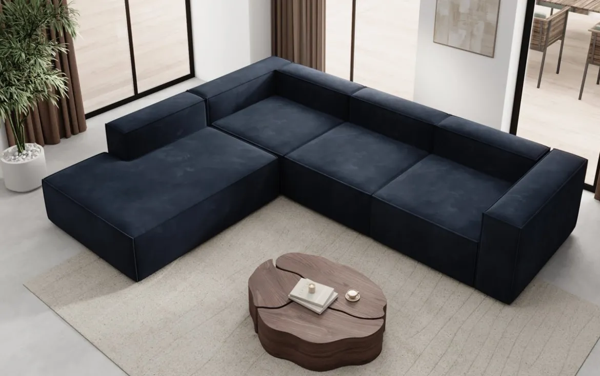 Designer Ecksofa Lesley mit langer Ottomane in Samt