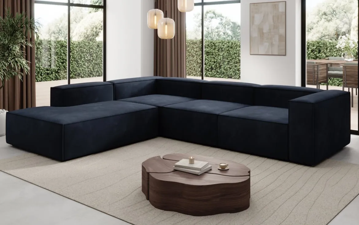 Designer Ecksofa Lesley mit langer Ottomane in Samt