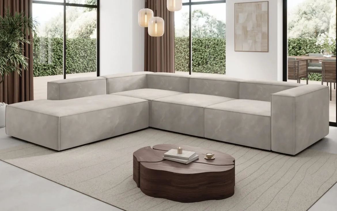Designer Ecksofa Lesley mit langer Ottomane in Samt