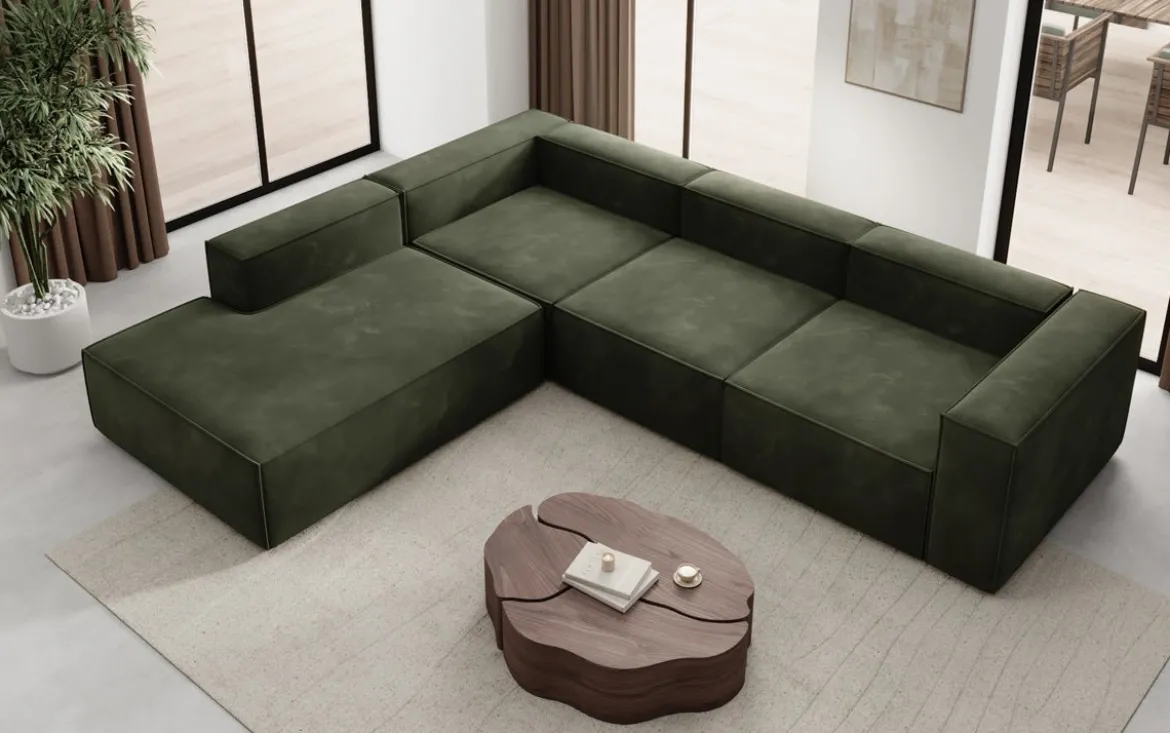 Designer Ecksofa Lesley mit langer Ottomane in Samt
