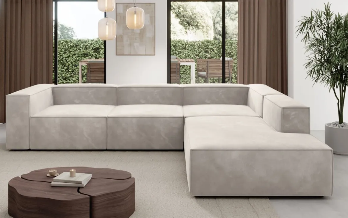 Designer Ecksofa Lesley mit langer Ottomane in Samt