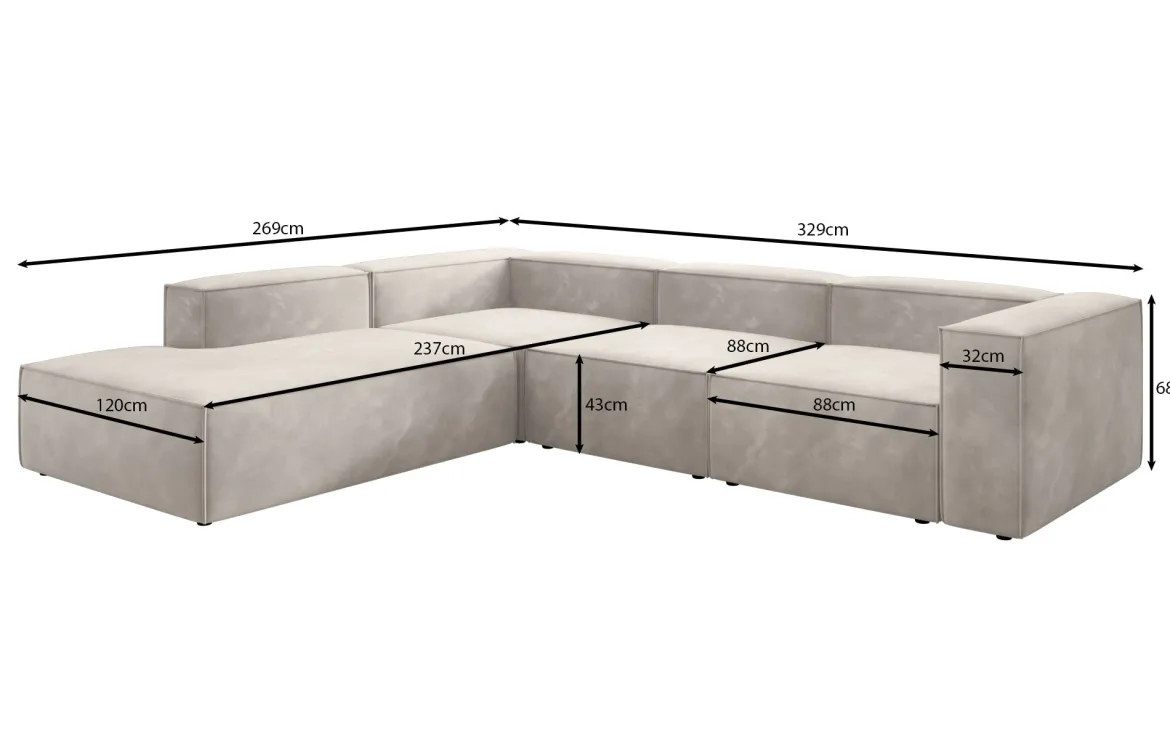 Designer Ecksofa Lesley mit langer Ottomane in Samt
