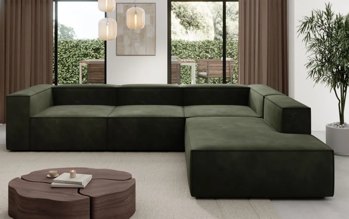 Designer Ecksofa Lesley mit langer Ottomane in Samt