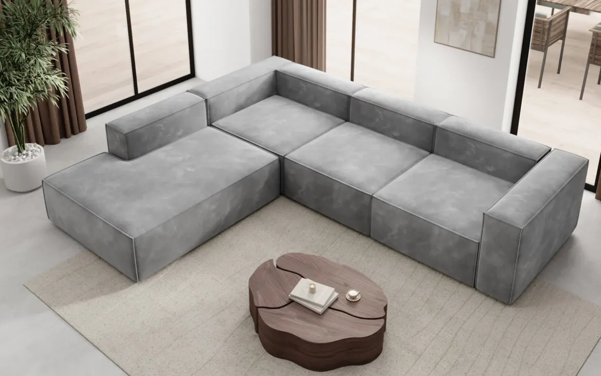 Designer Ecksofa Lesley mit langer Ottomane in Samt