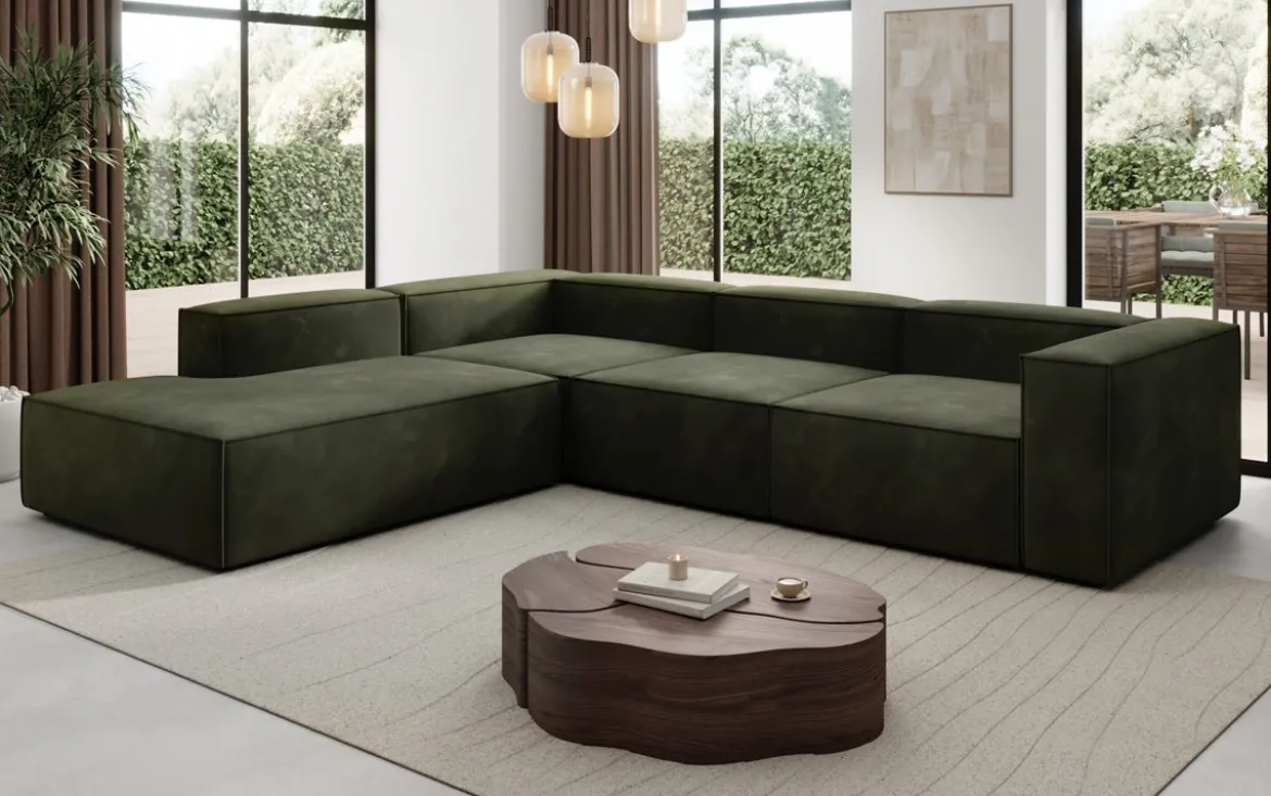 Designer Ecksofa Lesley mit langer Ottomane in Samt